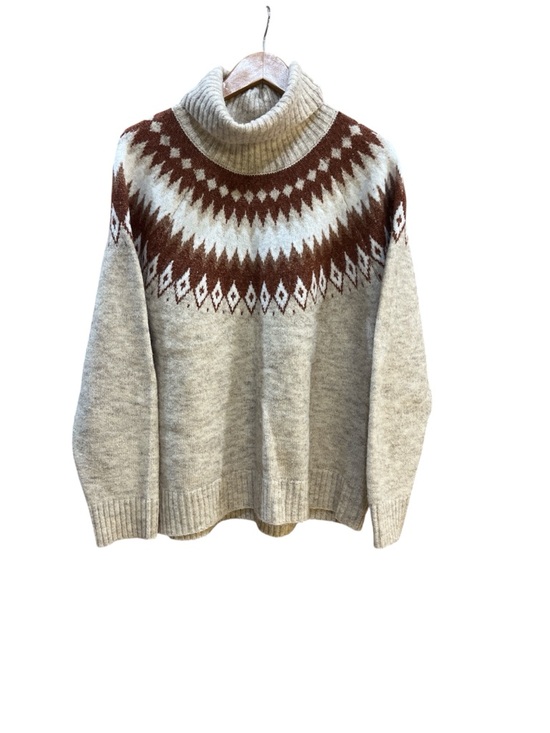 Aspen Sweaters - Turtleneck Fair Isle Sweater in Cream with Rust/Brown Yoke Print